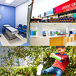images of Orthopaedic Institute for Children LA: waiting room, admissions desk, child with an armcast playing, grand opening of the new Ambulatory Surgery Center