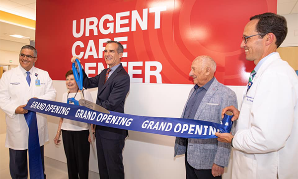 Mayor Garcetti cuts the ribbon to open LA’s newest and most modern pediatric urgent care center for children with musculoskeletal conditions (from left: Mauricio Silva, MD, medical director at OIC, Renee Luskin, Mayor Garcetti, Meyer Luskin, and OIC CEO Anthony Scaduto, MD)